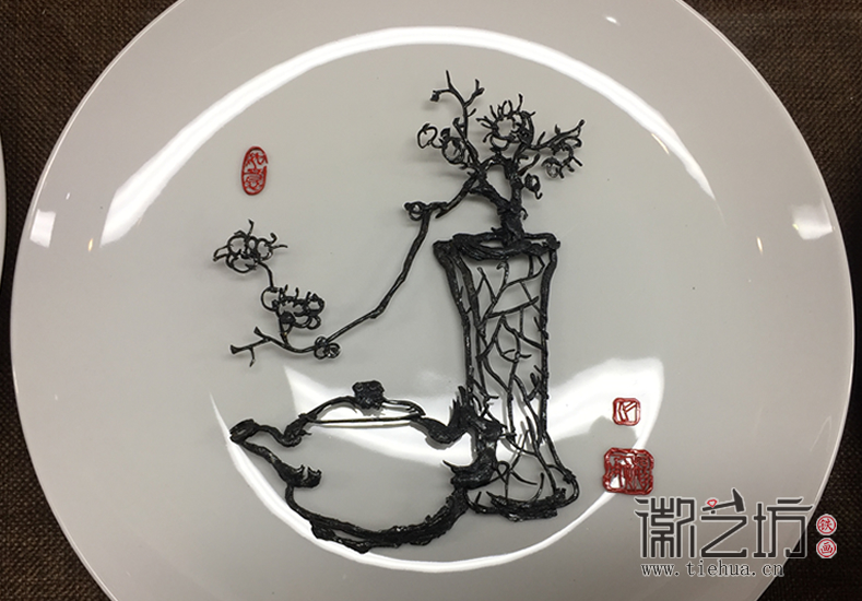 徽艺坊中式禅意白瓷盘铁画系列作品清欢